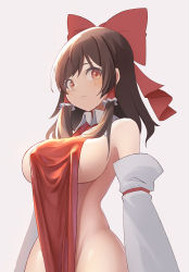 Rule 34 | 1girl, adapted costume, bare shoulders, blush, bow, breasts, brown eyes, brown hair, closed mouth, curtains, detached sleeves, grey background, groin, hair bow, hair tubes, hakurei reimu, large breasts, long hair, pelvic curtain, red bow, revealing clothes, sideboob, sidelocks, solo, touhou, upper body, white sleeves, z.o.b