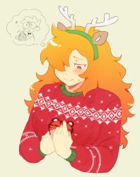 Rule 34 | 1girl, blonde hair, blush, christmas sweater, commentary, cropped torso, fake antlers, firemauer, glasses, hairband, highres, long hair, long sleeves, nerd (nerd and jock), nerd and jock, red eyes, red sweater, simple background, sweater, symbol-only commentary, thought bubble, tiger (nerd and jock)