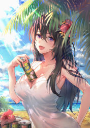 Rule 34 | 1girl, althea (sakiya0000), beach, black hair, blue sky, blush, breasts, can, cleavage, cloud, collarbone, condensation, day, dress, flower, hair flower, hair ornament, hibiscus, highres, holding, holding can, large breasts, lens flare, long hair, looking at viewer, ocean, open mouth, original, outdoors, palm tree, purple eyes, sand, shade, sidelocks, sky, sleeveless, sleeveless dress, smile, solo, sunlight, sweat, tareme, tree, upper body, white dress