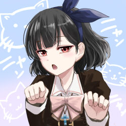 Rule 34 | 1girl, animal background, assault lily, black hair, blue background, blue bow, blue hairband, blunt bangs, bow, bow hairband, brown jacket, cat, collared shirt, commentary request, cross, cross necklace, gradient background, hair bow, hairband, hands up, highres, jacket, jewelry, kuroki francisca yuria, light blush, long sleeves, looking ahead, ludvico private girls&#039; academy school uniform, medium hair, necklace, open mouth, paw pose, purple background, red eyes, school uniform, shirt, solo, upper body, urutsu sahari, white shirt