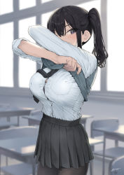 Rule 34 | 1girl, arms up, artist name, black bra, black hair, black necktie, black pantyhose, black skirt, blurry, blurry background, blush, bra, bra peek, breast pocket, breasts, bursting breasts, button gap, buttons, chair, classroom, commentary request, covered mouth, dated, day, depth of field, desk, dress shirt, from side, gaki kyonyuu, grey vest, hair between eyes, hair tie, highres, indoors, kaedeko (kaedelic), large breasts, long sleeves, looking at viewer, miniskirt, necktie, pantyhose, pleated skirt, pocket, purple eyes, revision, sasaki miyuki (kaedeko), school chair, school desk, school uniform, shirt, shirt tucked in, short hair, side ponytail, sidelocks, signature, skirt, sleeves rolled up, solo, standing, sweater vest, taut clothes, underwear, undressing, vest, vest lift, wavy hair, white shirt, window