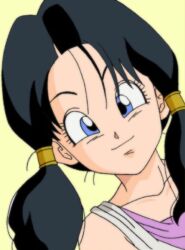 Rule 34 | 1girl, black hair, blue eyes, close-up, dragon ball, dragonball z, happy, looking at viewer, official art, pigtail braids, smile, tagme, tomboy, videl