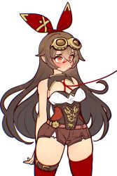 Rule 34 | 1girl, absurdres, amber (genshin impact), bare shoulders, belt, blush, bound, breasts, cleavage, genshin impact, goggles, goggles on head, hair between eyes, hair ribbon, highres, long hair, onomesin, pouty lips, red eyes, red ribbon, ribbon, shorts, solo, thighhighs, tied up