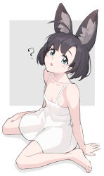 Rule 34 | 1girl, absurdres, ahoge, animal ear fluff, animal ears, aqua eyes, arms at sides, arukiru, asymmetrical bangs, bare arms, bare shoulders, barefoot, black hair, collarbone, dress, eyelashes, flat chest, from above, from side, full body, highres, large ears, looking at viewer, looking to the side, looking up, no bra, open mouth, original, parted lips, short hair, simple background, sitting, sleeveless, sleeveless dress, solo, spaghetti strap, sundress, wariza, white dress
