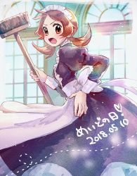 Rule 34 | 1girl, alternate costume, apron, blush, broom, brown eyes, brown hair, commentary request, creatures (company), dated, dress, enmaided, eyelashes, frills, game freak, hanenbo, heart, highres, holding, holding broom, long hair, long sleeves, lyra (pokemon), maid, maid headdress, nintendo, open mouth, pokemon, pokemon hgss, solo, tongue, translated, twintails, waist apron, window