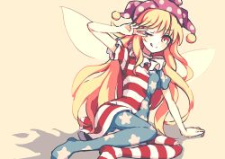 Rule 34 | 1girl, :p, american flag dress, american flag legwear, blonde hair, clownpiece, dise (psychoro), dress, fairy, fairy wings, frilled shirt collar, frills, hat, jester cap, long hair, neck ruff, one eye closed, pantyhose, pink eyes, polka dot, short dress, simple background, solo, tongue, tongue out, touhou, v, v over eye, very long hair, wings, yellow background