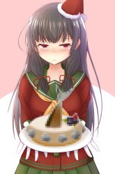 Rule 34 | 10s, 1girl, bad id, bad pixiv id, black hair, blush, cake, censored, censored food, christmas, collarbone, doyachii, food, gloves, green skirt, hat, highres, isokaze (kancolle), jacket, kantai collection, long hair, long sleeves, looking at viewer, plate, red background, red eyes, red jacket, santa costume, santa hat, simple background, skirt, solo, white background, white gloves