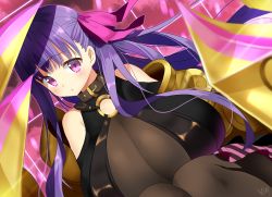 Rule 34 | 1girl, bare shoulders, blush, breasts, cleavage, collar, fate/grand order, fate (series), female focus, gauntlets, hair ornament, hair ribbon, huge breasts, kurot, long hair, looking at viewer, o-ring, pantyhose, passionlip (fate), pink eyes, purple hair, ribbon, sitting, solo, weapon