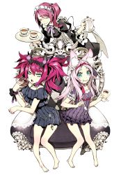 Rule 34 | 7th dragon (series), 7th dragon iii, :t, absurdres, alternate costume, animal ears, barefoot, black dress, blue eyes, bow, bowing, closed eyes, closed mouth, cup, doughnut, dress, eating, fake horns, food, fortuner (7th dragon), fox ears, full body, god-hand (7th dragon), green eyes, high ponytail, highres, holding, holding food, holding spoon, holding teapot, holding tray, horns, long hair, mage (7th dragon), mage (7th dragon iii), maid, maid headdress, miwa shirow, on chair, open mouth, pink hair, pudding, purple hair, saucer, simple background, sitting, smile, spoon, teacup, teapot, thighs, tray, twintails, white background, white bow