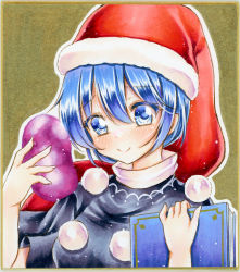 Rule 34 | 1girl, black dress, blue eyes, blue hair, blush, book, commentary request, doremy sweet, dress, graphite (medium), hair between eyes, hat, highres, holding, holding book, looking at viewer, marker (medium), nekofish666, nightcap, pom pom (clothes), portrait, short hair, short sleeves, smile, solo, touhou, traditional media