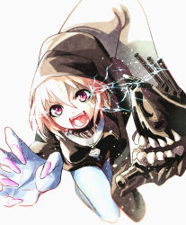 Rule 34 | 10s, 1girl, abyssal ship, breasts, cleavage, fingernails, highres, hood, hooded jacket, jacket, kamogawa shuujin, kantai collection, looking at viewer, monster, open mouth, pale skin, re-class battleship, red eyes, short hair, solo, turret, white hair
