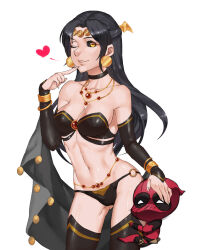 Rule 34 | 1girl, aesice, animification, black hair, black sclera, blush, boots, bracelet, breasts, chibi, cleavage, collarbone, colored sclera, commentary, deadpool, deadpool (series), demon girl, detached sleeves, head wings, heart, highres, jewelry, large breasts, long hair, looking at viewer, marvel, navel, necklace, one eye closed, shiklah, simple background, smile, spoken heart, thigh boots, thighhighs, white background, wings, yellow eyes