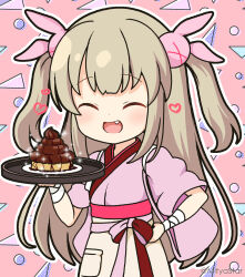 Rule 34 | 1girl, :d, ^ ^, apron, blush, brown apron, closed eyes, commentary request, facing viewer, fang, food request, hair ornament, heart, holding, holding tray, japanese clothes, kimono, light brown hair, long hair, mitya, natori sana, open mouth, pink background, pink kimono, plate, rabbit hair ornament, sana channel, short sleeves, smile, solo, tasuki, tray, twitter username, two side up, very long hair, virtual youtuber, waist apron, wide sleeves