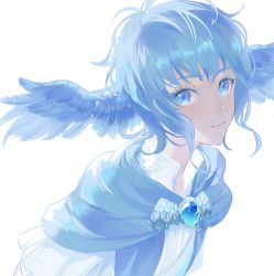 Rule 34 | 1girl, blue capelet, blue eyes, blue hair, brooch, capelet, en (enxxx), feathered wings, final fantasy, final fantasy xiv, from above, gem, head wings, jewelry, light smile, looking to the side, meteion, shirt, short hair, simple background, solo, upper body, white background, white shirt, wings