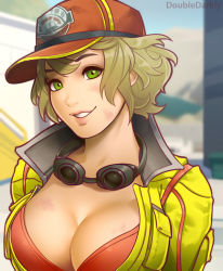 Rule 34 | 1girl, artist request, baseball cap, blonde hair, breasts, cidney aurum, cleavage, cropped jacket, final fantasy, final fantasy xv, goggles, green eyes, hat, highres, jacket, large breasts, looking at viewer, short hair, smile, solo