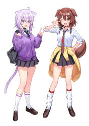 Rule 34 | 2girls, ;d, alternate costume, animal ears, bag, black necktie, black skirt, bone hair ornament, braid, breasts, brown eyes, brown footwear, brown hair, cardigan, cardigan around waist, cartoon bone, cat ears, cat girl, cat tail, choker, clothes around waist, collarbone, collared shirt, commentary request, deadnooodles, dog ears, dog girl, dog tail, hair ornament, hair over shoulder, hand on own hip, hand up, highres, hololive, inugami korone, loafers, long hair, long sleeves, low twintails, multiple girls, necktie, nekomata okayu, one eye closed, open mouth, pleated skirt, puffy long sleeves, puffy sleeves, purple cardigan, purple eyes, purple hair, red choker, red necktie, school bag, school uniform, shirt, shoes, simple background, skirt, sleeves past wrists, small breasts, smile, socks, standing, tail, twin braids, twintails, v, v over eye, virtual youtuber, white background, white shirt, white socks, yellow cardigan