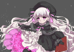 Rule 34 | 10s, 1girl, book, capelet, dress, fate/extra, fate/grand order, fate (series), frills, fur, gloves, grey hair, hat, long hair, nursery rhyme (fate), purple eyes, ribbon