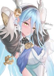 Rule 34 | 1girl, absurdres, arms behind head, azura (fire emblem), azura (song&#039;s reflection) (fire emblem), blue hair, closed mouth, commentary request, dragon horns, expressionless, fake horns, fire emblem, fire emblem fates, fire emblem heroes, hair between eyes, hairband, highres, horns, jewelry, long hair, looking at viewer, necklace, nintendo, official alternate costume, simple background, solo, twitter username, veil, very long hair, white background, yellow eyes, yuki s9191