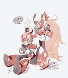 Rule 34 | 2boys, absurdres, android, armor, blonde hair, chest jewel, chibi, controller, cup, forehead jewel, highres, holding, holding controller, holding cup, limited palette, long hair, looking at another, looking down, looking up, male focus, mega man (series), mega man x (series), multiple boys, nintendo switch pro controller, shoulder armor, signature, simple background, sumomo, white background, x (mega man), zero (mega man)