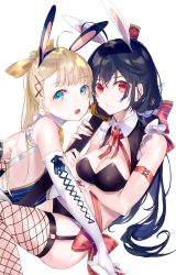Rule 34 | 2girls, animal ears, backless outfit, black bra, black panties, black vs white, blonde hair, blue eyes, blush, bow, bra, breasts, closed mouth, elbow gloves, fake animal ears, fishnets, frills, garter straps, gloves, hair bow, hair ornament, highres, katana, leotard, long hair, looking at viewer, lying, medium breasts, miwano rag, multiple girls, on back, on stomach, open mouth, original, panties, playboy bunny, rabbit ears, red bow, red eyes, sheath, sheathed, sidelocks, simple background, sword, thighhighs, underwear, weapon, white background, white gloves, wrist cuffs, x hair ornament, yellow bow