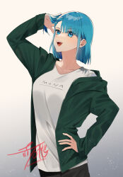 Rule 34 | 1girl, :d, akaishi yashi, arm up, black pants, blue eyes, blue hair, collarbone, commentary request, green jacket, hand on own hip, highres, jacket, long sleeves, mona lisa no zaregoto, open clothes, open jacket, open mouth, pants, shirt, short hair, smile, sora (mona lisa no zaregoto), standing, t-shirt, teeth, tongue, white shirt