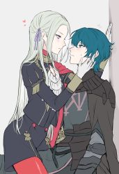 Rule 34 | 1boy, 1girl, blue eyes, blue hair, blush, byleth (fire emblem), byleth (male) (fire emblem), couple, edelgard von hresvelg, fire emblem, fire emblem: three houses, garreg mach monastery uniform, gloves, hand on another&#039;s face, hetero, highres, looking at another, nintendo, pantyhose, purple eyes, shimizu akina, sitting, sitting on lap, sitting on person, white hair