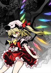 Rule 34 | 1girl, awa yume, blonde hair, female focus, flandre scarlet, hat, one side up, ponytail, red eyes, short hair, side ponytail, solo, touhou, wings, zoom layer
