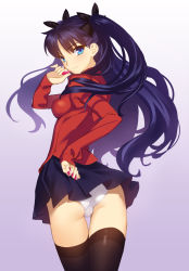 Rule 34 | 1girl, ass, between fingers, black hair, black thighhighs, blue eyes, breasts, cowboy shot, fate/stay night, fate (series), from behind, gem, gradient background, highres, holding, impossible clothes, impossible shirt, long hair, looking at viewer, panties, pantyshot, purple background, shirt, skirt, small breasts, solo, standing, thigh gap, thighhighs, tohsaka rin, trefoil, twintails, two side up, underwear, upskirt, white panties, yangsion