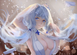 Rule 34 | 1girl, aircraft, airplane, artist name, azur lane, bare shoulders, biplane, blue eyes, breasts, bridal veil, center opening, colored eyelashes, dress, flower, hair ribbon, halter dress, halterneck, illustrious (azur lane), illustrious (morning star of love and hope) (azur lane), large breasts, long hair, looking at viewer, mllay, official alternate costume, ribbon, see-through, sleeveless, sleeveless dress, tri tails, veil, wedding dress, white dress, white flower, white hair