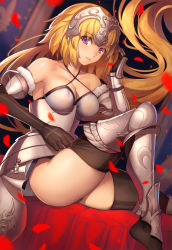 Rule 34 | 1girl, armor, bare shoulders, black gloves, black thighhighs, blonde hair, blurry, breasts, cleavage, closed mouth, commentary request, criss-cross halter, depth of field, eyes visible through hair, fate/grand order, fate (series), gauntlets, gloves, halterneck, headpiece, highres, jeanne d&#039;arc (fate), jeanne d&#039;arc (ruler) (fate), jeanne d&#039;arc (third ascension) (fate), light smile, long hair, looking at viewer, medium breasts, petals, purple eyes, revision, sitting, solo, thighhighs, tsuki suigetsu, very long hair