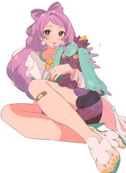 Rule 34 | 1girl, ?, bandaid, bandaid on leg, blush, closed mouth, coat, commentary request, creatures (company), earrings, eyeshadow, flower earrings, game freak, gen 7 pokemon, green eyes, green footwear, high heels, highres, holding, holding pokemon, jewelry, lab coat, legs, light purple hair, long hair, looking at viewer, makeup, mareanie, miriam (pokemon), nail polish, nintendo, off-shoulder sweater, off shoulder, open clothes, open coat, osg pk, pokemon, pokemon (creature), pokemon on leg, pokemon sv, purple hair, purple skirt, skirt, smile, stethoscope, sweater, swept bangs, toenail polish, toenails, toes, white background, white coat, yellow nails