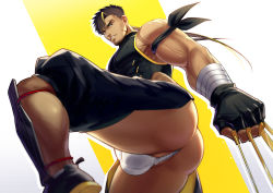 Rule 34 | 1boy, ass, ass focus, bara, bare shoulders, black gloves, black hair, blonde hair, bulge, covered abs, crotchless, crotchless pants, dagger, facial hair, fingerless gloves, fundoshi, gloves, highres, japanese clothes, knife, large pectorals, leg lift, male focus, male underwear, multicolored hair, muscular, ninja, original, pants, pectorals, shirt, short hair, simple background, skin tight, sleeveless, sleeveless shirt, solo, standing, standing on one leg, streaked hair, stubble, thick thighs, thighs, veins, weapon, white male underwear, yzpyn