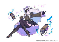 Rule 34 | 1girl, black gloves, black pantyhose, black skirt, blue eyes, boots, brown footwear, buttons, coat, cross-laced footwear, double-breasted, dynamite, enkyo yuuichirou, explosive, eyepatch, frankenstein (mugen knights), full body, gloves, grenade, hair between eyes, high heel boots, high heels, lace-up boots, long hair, mugen knights, pantyhose, screw, simple background, skirt, solo, square enix, stitches, watermark, white background, white hair