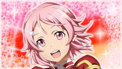 Rule 34 | 1girl, :d, calligraphy brush (medium), freckles, hair ornament, hairclip, highres, lisbeth (sao-alo), looking at viewer, open mouth, pink eyes, pink hair, pointy ears, portrait, shikori, short hair, smile, solo, sword art online