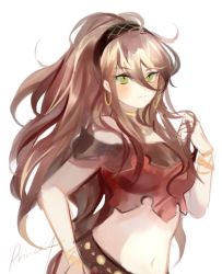 Rule 34 | 1girl, aubz, bracelet, brown hair, dancer, gloves, green eyes, jewelry, long hair, looking at viewer, necklace, octopath traveler, octopath traveler i, ponytail, primrose azelhart, simple background, smile, solo