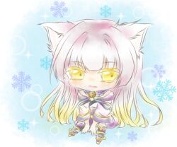 Rule 34 | 1girl, animal ears, arm support, bare shoulders, bubble background, cat ears, cat tail, chibi, closed mouth, colored eyelashes, gradient hair, hair intakes, japanese clothes, kiku ichimonji norimune, light purple hair, long hair, moge panda, multicolored hair, sitting, snowflake background, solo, sparkle background, tail, tenka hyakken, v arms, wide sleeves, yellow eyes