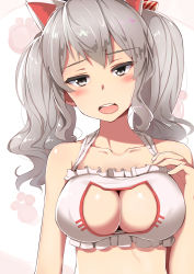 Rule 34 | 10s, 1girl, animal ears, blush, bra, breasts, cat cutout, cat ears, cat lingerie, cleavage, cleavage cutout, close-up, clothing cutout, commentary request, grey eyes, highres, kantai collection, kashima (kancolle), large breasts, long hair, looking at viewer, meme attire, sidelocks, silver hair, solo, tsurime, twintails, underwear, underwear only, upper body, wavy hair, white bra, yuuzuki (re&#039;ef)