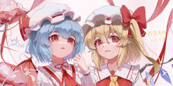 Rule 34 | 2girls, ascot, bat wings, blonde hair, blue hair, bow, fang, flandre scarlet, hat, hat bow, highres, multiple girls, open mouth, pointy ears, red eyes, red ribbon, remilia scarlet, ribbon, shimiruru, short hair, siblings, side ponytail, simple background, touhou, twins, upper body, white background, white mob cap, wings, wrist cuffs, yellow ascot