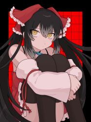 Rule 34 | 1girl, black hair, black thighhighs, bow, closed mouth, commentary, cookie (touhou), detached sleeves, dress, expressionless, feet out of frame, frilled bow, frilled dress, frills, grey hair, grid background, hair between eyes, hair bow, hakurei reimu, highres, hugging own legs, long hair, looking at viewer, multicolored hair, oon (aa), red background, red bow, red dress, sitting, sleeveless, sleeveless dress, solo, thighhighs, touhou, two-tone hair, very long hair, white sleeves, yellow eyes, yuyusu (cookie)