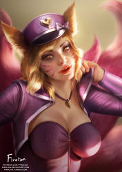 Rule 34 | 1girl, ahri (league of legends), animal ears, artist name, blonde hair, bow, breasts, cleavage, facial mark, firolian, fur, hat, highres, jewelry, league of legends, lips, multiple tails, necklace, parted lips, popstar ahri, solo, tail, whisker markings