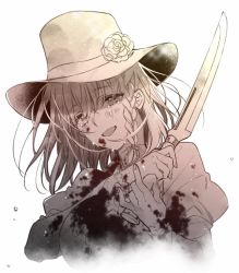 Rule 34 | 1girl, blood, blood on clothes, blood on face, braid, breasts, charlotte corday (fate), charlotte corday (third ascension) (fate), crying, crying with eyes open, fate/grand order, fate (series), hat, highres, holding, holding knife, knife, large breasts, monochrome, ran (ran 0605), tears, white background