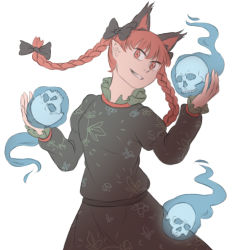 Rule 34 | 1girl, animal ears, bow, braid, cat ears, dress, frilled sleeves, frills, hair bow, kaenbyou rin, long sleeves, lowres, mefomefo, red eyes, red hair, skull, smile, solo, spirit, touhou, twin braids