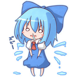 Rule 34 | 1girl, blue bow, blue dress, blue hair, blush stickers, bow, cirno, dress, hair between eyes, kisa (k isa), open mouth, short hair, short sleeves, simple background, solo, touhou, white background