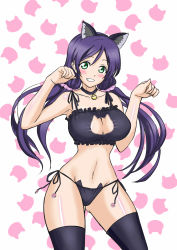 Rule 34 | 10s, 1girl, animal ears, armpits, bell, black bra, black panties, black thighhighs, blush, bra, breasts, cat cutout, cat ear panties, cat ears, cat lingerie, choker, cleavage, cleavage cutout, clothing cutout, collarbone, cowboy shot, fake animal ears, frilled bra, frills, gluteal fold, green eyes, grin, groin, hair between eyes, hairband, highres, jingle bell, large breasts, long hair, looking at viewer, love live!, love live! school idol project, low twintails, meme attire, navel, neck bell, nyantamaran, panties, paw pose, purple hair, side-tie panties, smile, solo, stomach, thighhighs, tojo nozomi, twintails, underwear, underwear only