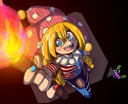 1futa absurdres american_flag_dress american_flag_legwear blonde_hair bulge clownpiece erection erection_under_clothes futanari hat highres holding holding_torch huge_penis jester_cap looking_up multicolored_eyes multicolored_nails nail_polish neck_ruff penis riiya_(riiya932) sharp_teeth solo teeth torch touhou