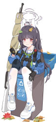 Rule 34 | 1girl, absurdres, ahoge, autumn leaves, binoculars, black gloves, blue archive, blue serafuku, blush, closed mouth, commentary request, gloves, green neckerchief, grey halo, gubbi on, gun, halo, highres, korean commentary, long hair, long sleeves, looking at viewer, miyu (blue archive), neckerchief, red eyes, sailor collar, school uniform, serafuku, shoes, simple background, sitting, solo, weapon, white background, white footwear, white sailor collar