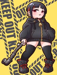 Rule 34 | 1girl, absurdres, black footwear, black hair, black jacket, black thighhighs, boots, caution tape, chibi, closed mouth, commentary request, drawstring, ear piercing, full body, hand in pocket, highres, holding, hood, hood down, hooded jacket, industrial pipe, jacket, keep out, long sleeves, multicolored hair, nail polish, original, piercing, puffy long sleeves, puffy sleeves, red eyes, red hair, red nails, saishosaisekojo, short hair, sleeves past wrists, solo, standing, streaked hair, thighhighs, thighhighs under boots, yellow background