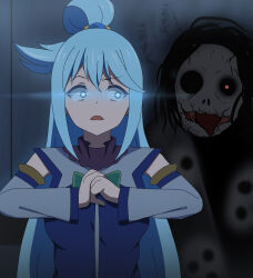Rule 34 | absurdres, amamiya sora, aqua (konosuba), blue eyes, blue hair, bow, breasts, bright pupils, clenched hand, commentary, crossover, d:, darkness, detached sleeves, fist in hand, folded ponytail, ghost, glowing, glowing eyes, green bow, hair between eyes, hair bobbles, hair ornament, highres, kono subarashii sekai ni shukufuku wo!, large breasts, long hair, looking to the side, mieruko-chan, open mouth, poa mellhen, serious, sidelocks, tongue, tongue out, translated, very long hair, voice actor connection, white pupils, wide-eyed, wide sleeves