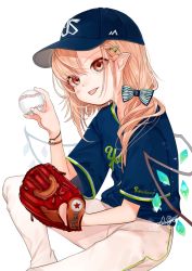 Rule 34 | 1girl, :p, alternate costume, bad id, bad twitter id, ball, baseball, baseball cap, baseball glove, blonde hair, blouse, blue hat, blue shirt, bow, commentary request, contemporary, crystal, diamond-shaped pupils, diamond (shape), flandre scarlet, gotou (nekocat), hair bow, hair ornament, hairclip, hand up, hat, head tilt, holding, holding ball, looking at viewer, medium hair, nippon professional baseball, pants, pointy ears, red eyes, shirt, short sleeves, simple background, sitting, solo, striped, striped bow, symbol-shaped pupils, tokyo yakult swallows, tongue, tongue out, touhou, white background, white pants, wings