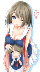 Rule 34 | 10s, 2girls, blue eyes, breast rest, breasts, breasts on head, brown hair, cleavage, commentary request, hair ornament, hairclip, heart, highres, if they mated, kantai collection, large breasts, leaning forward, looking at viewer, maya (kancolle), mother and daughter, multiple girls, neckerchief, aged up, one eye closed, open mouth, saku (kudrove), short hair, skirt, wink, aged down